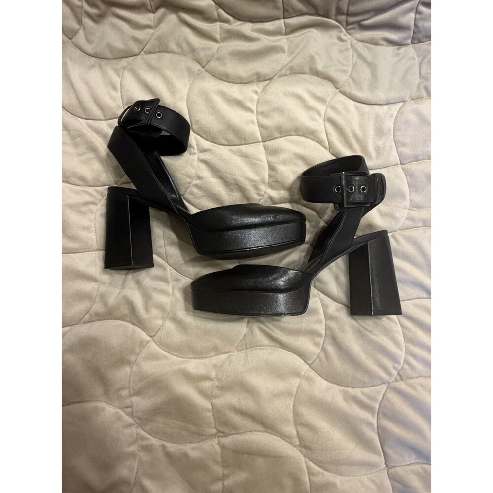 DKNY Women's Black Synthetic Platform Closed Toe Block Heel Ankle Strap 9.5